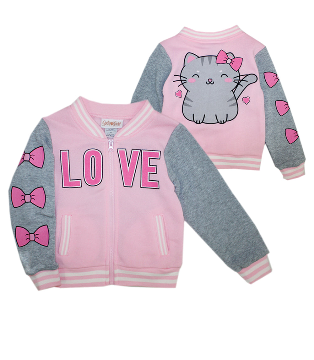 Chaqueta universitaria rosa con estampado de gato Love Cat para niñas, tallas 4-6 (0247204)