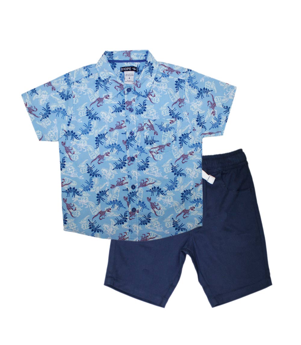 S1OPE Woven Dinosaur Print Top and Twill Shorts -1454304