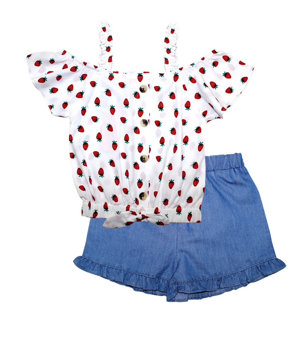 GIRLS PINK Polycrepe Top with Denim Ruffle Short Set - 2121504