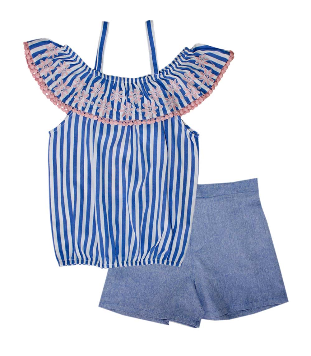 GIRLS PINK Polycrepe with Ruffle Top and Ruffle Chambray Short Set - 2134667