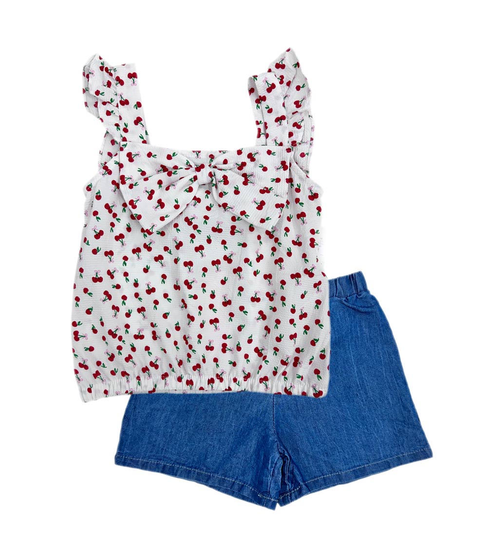 GIRLS PINK Woven Top with Smocking and Denim Short Set - 2163204