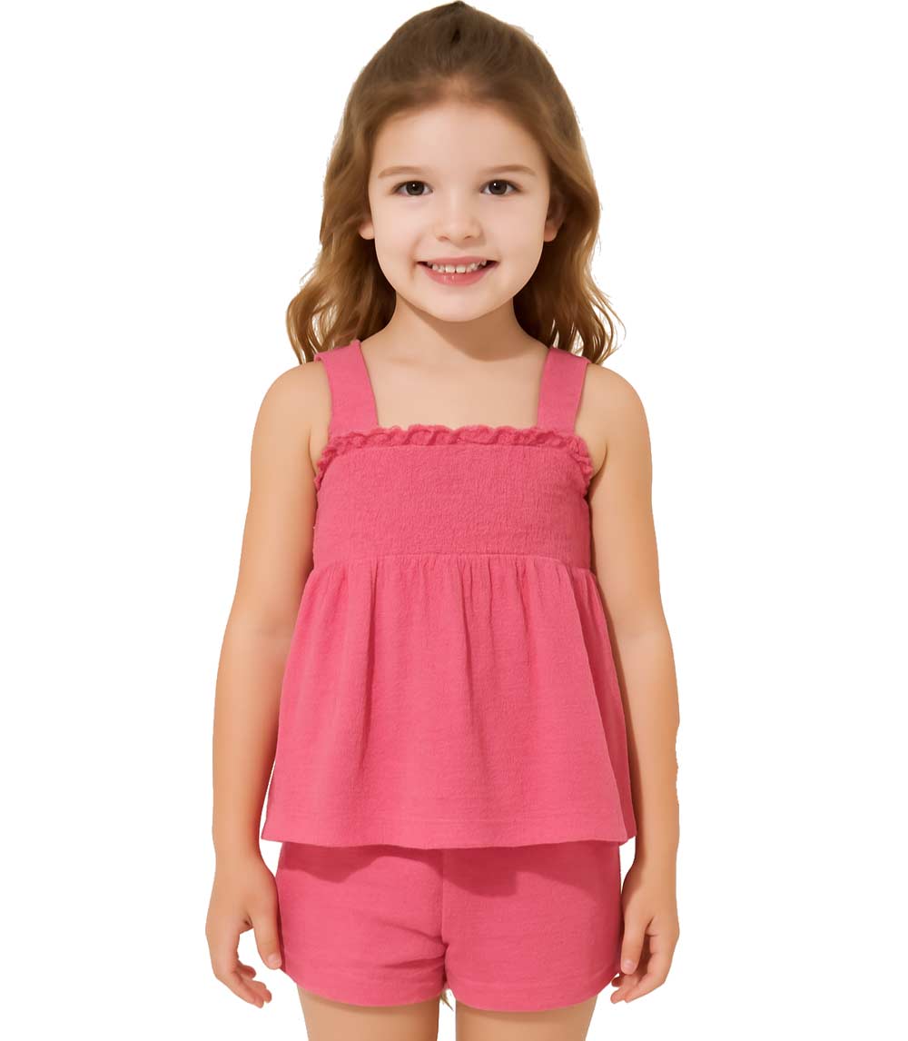 Conjunto corto de gasa doble con tirantes fruncidos para niña rosa - 2175201