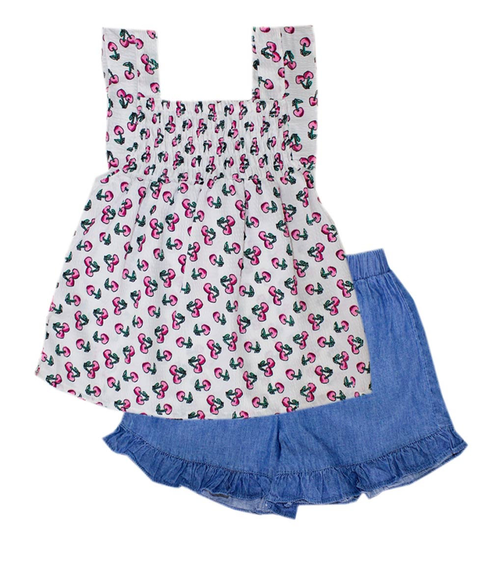 GIRLS PINK Smoked Yoke Top And Denim Short With Ruffle - 2176504
