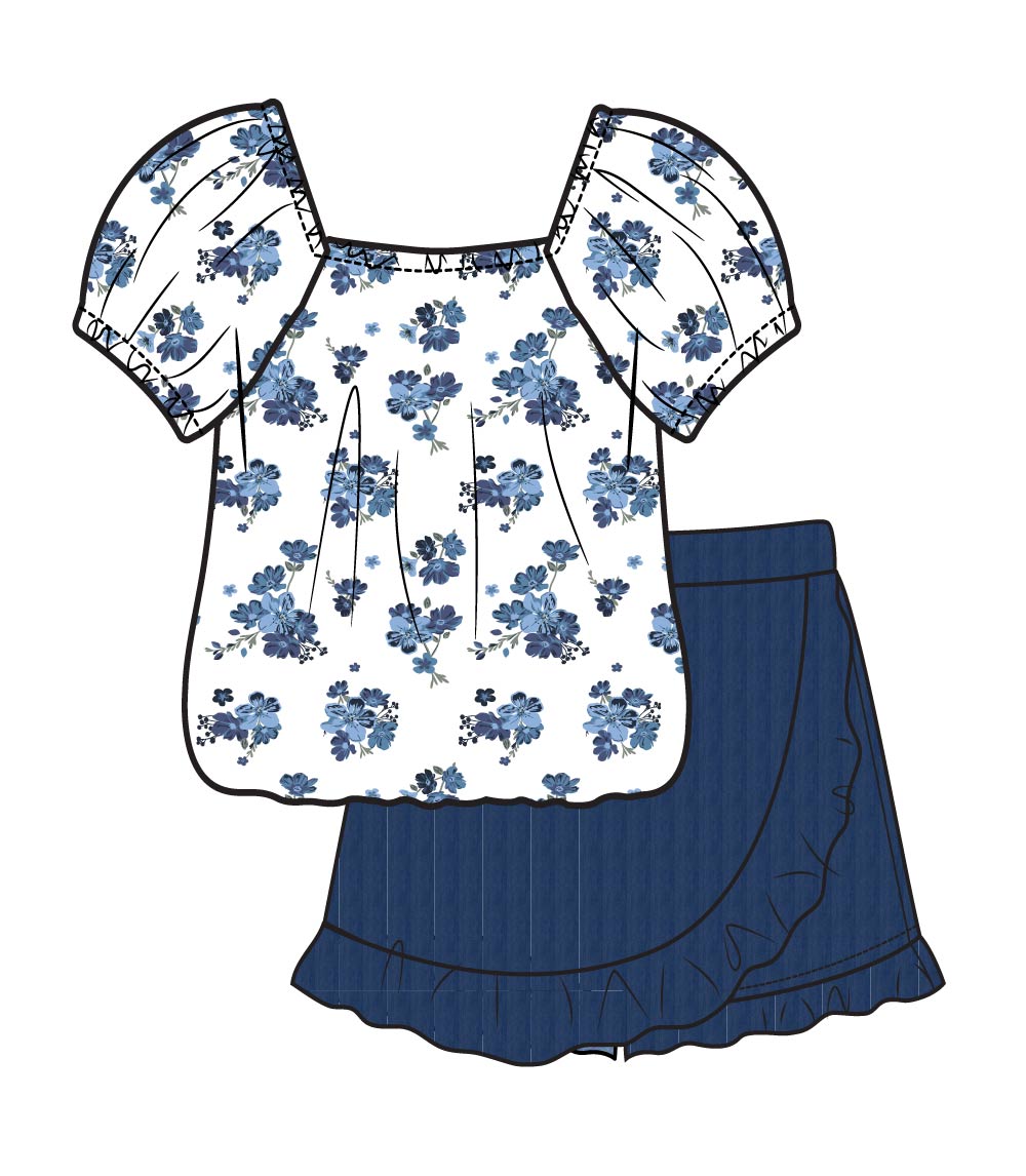 Top abullonado rosa aguamarina con lazo y falda pantalón vaquera para niña - 2466702