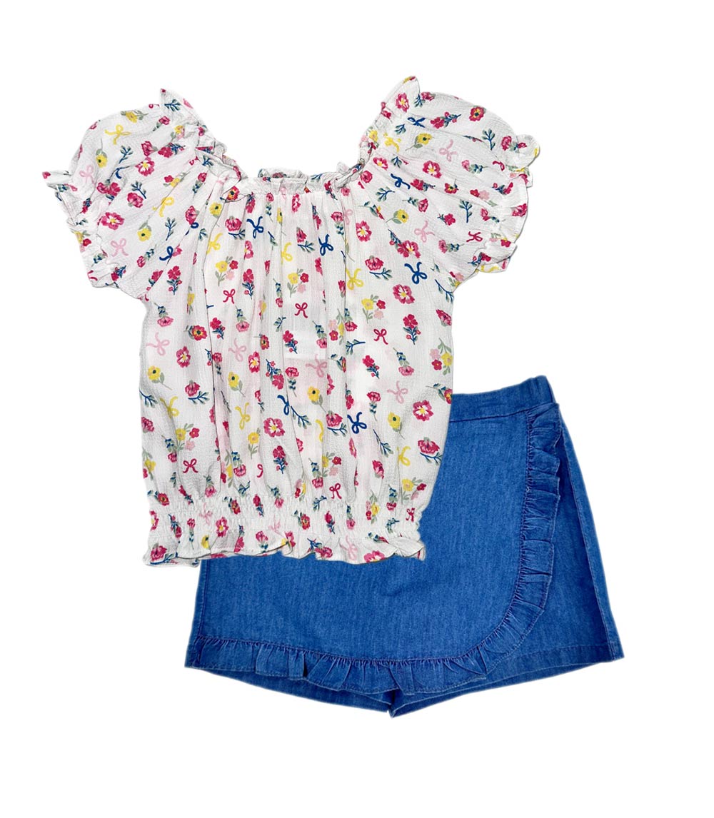 GIRLS PINK Textured Woven Top and Denim Skort - 2420904