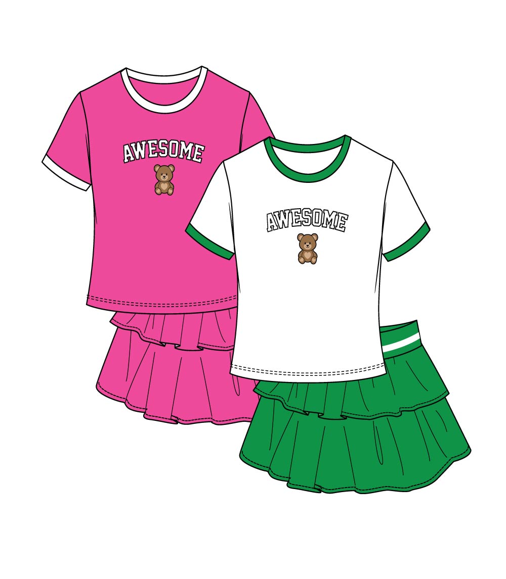 GIRLS PINK Rib on Neck and Sleeve Awesome Teddy Bear Embro on Top Ruffle Skirt W Short Inside - 2448727