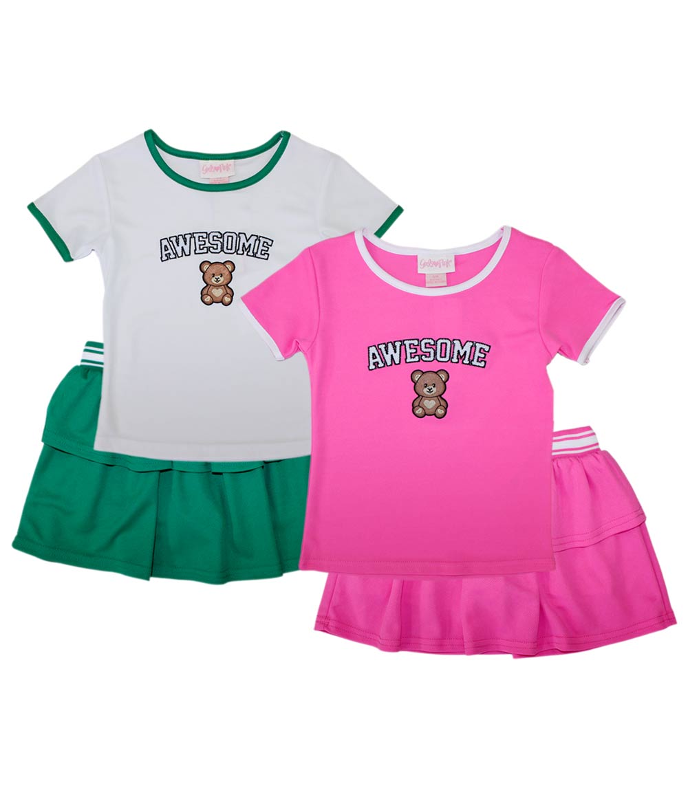 GIRLS PINK Rib on Neck and Sleeve Awesome Teddy Bear Embro on Top Ruffle Skirt W Short Inside - 2448704