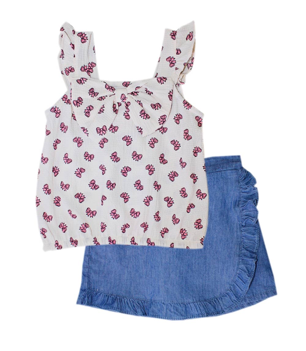 Top abullonado rosa aguamarina con lazo y falda pantalón vaquera para niña - 2466704