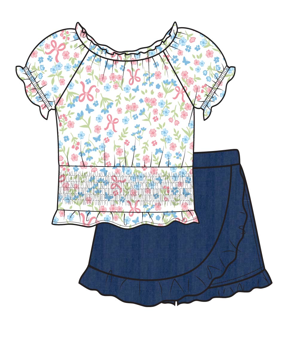 Top abullonado rosa aguamarina con lazo y falda pantalón vaquera para niña - 2466702