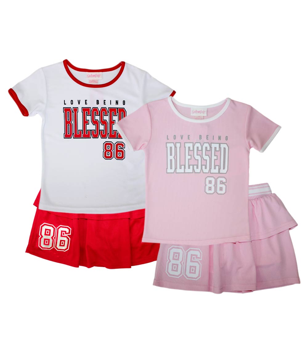 GIRLS PINK Rib on Neck and Sleeve Blessed Screen on Top Ruffle Skirt W Short Inside - 2475527