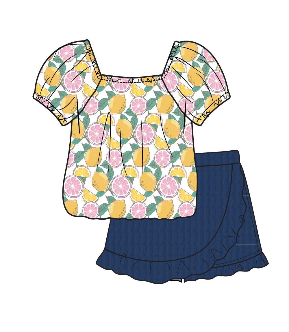 GIRLS PINK Woven Top w Square Neck and Bubble Denim Skort Set - 2479604