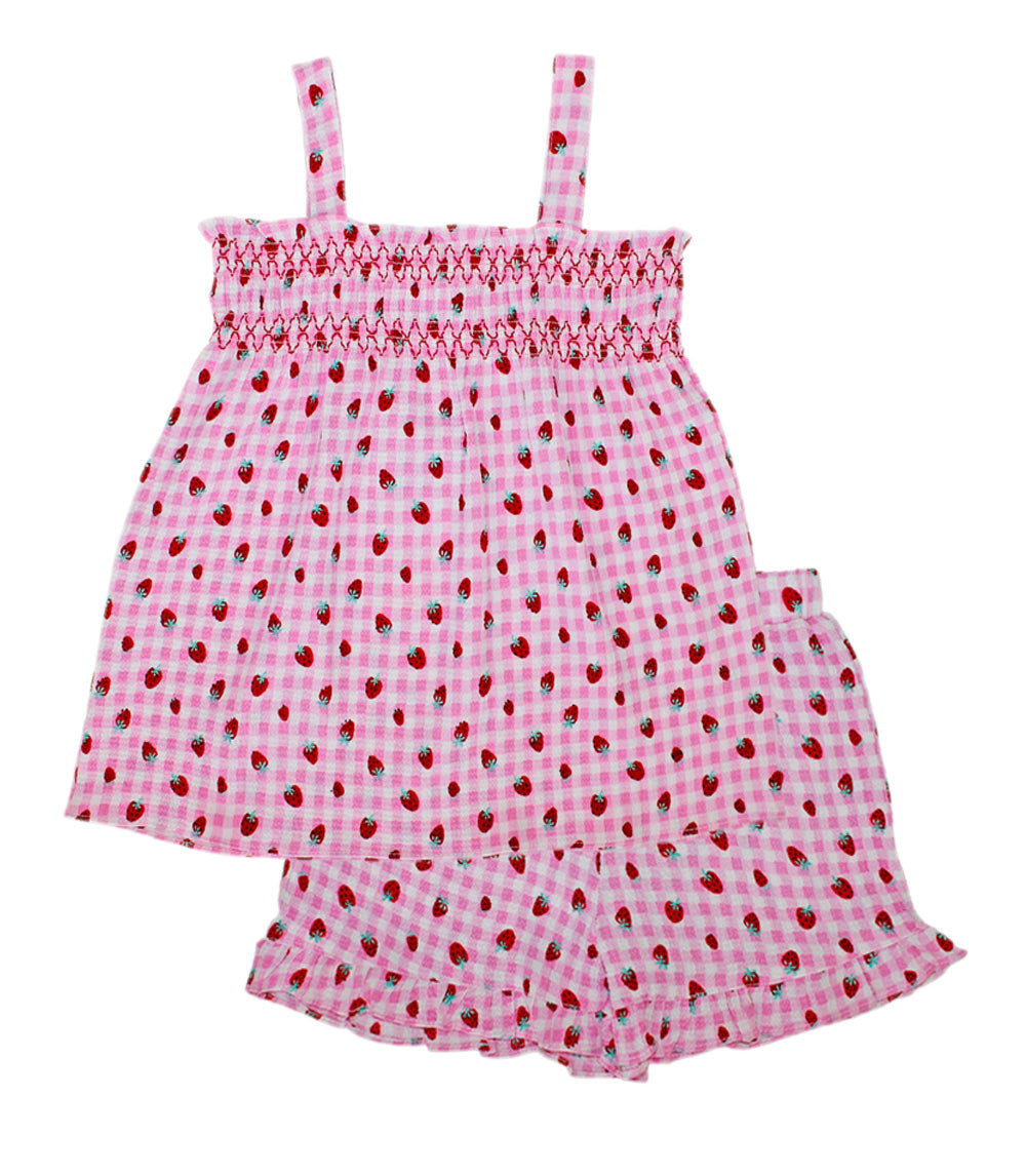 GIRLS PINK Strawberry Plaid Print Smocked Top With Ruffle Woven Short Set- 2844602
