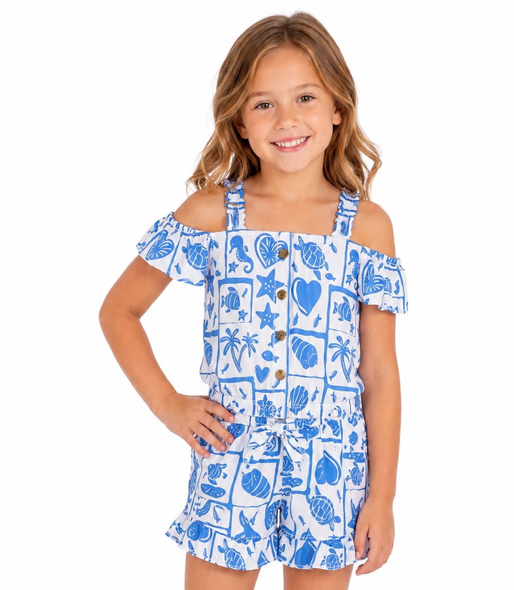 Conjunto de top tejido con volante grande en manga y short vaquero para niña en color rosa - 2130602