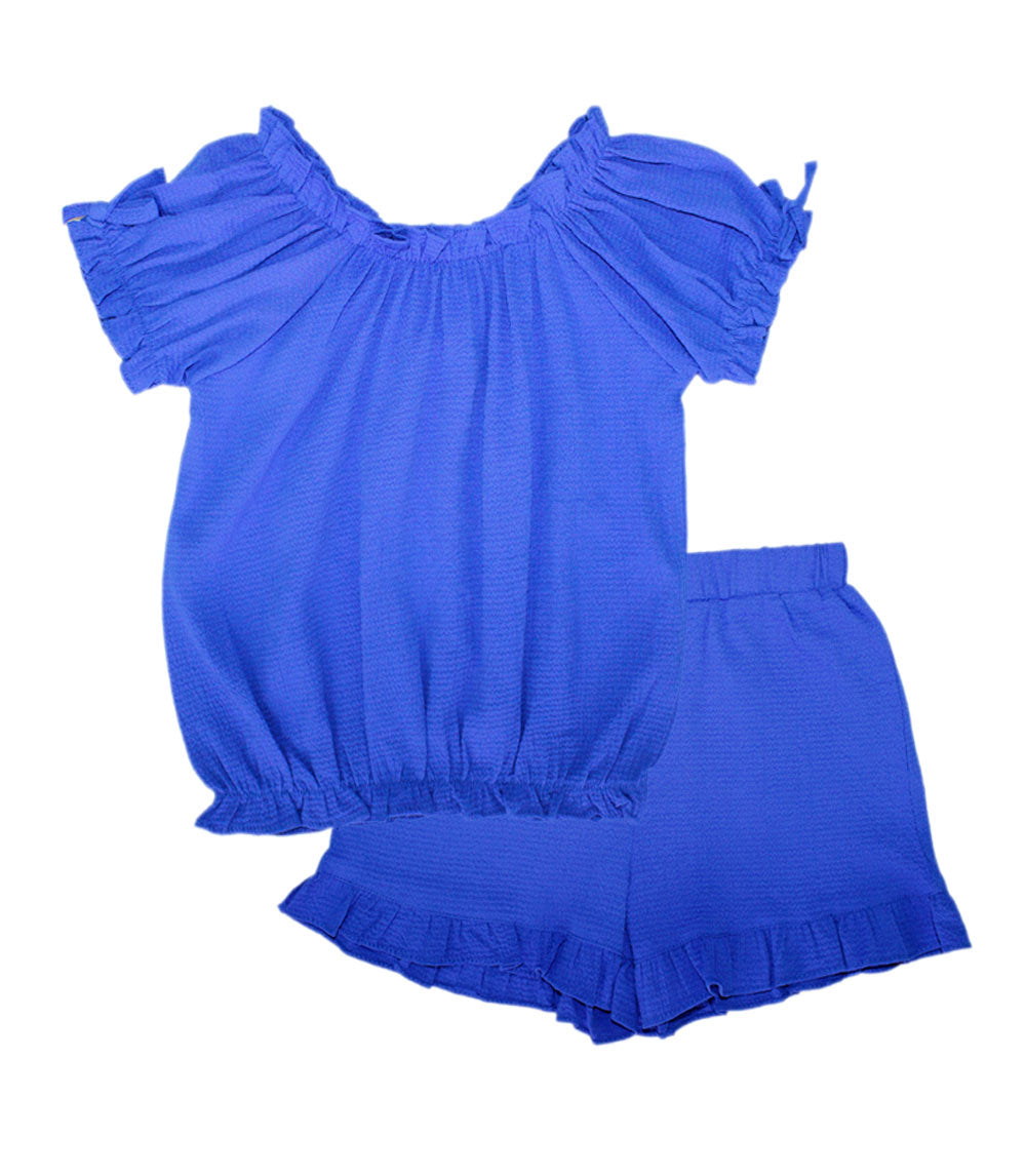 Conjunto de top tejido con volante grande en manga y short vaquero para niña en color rosa - 2130602