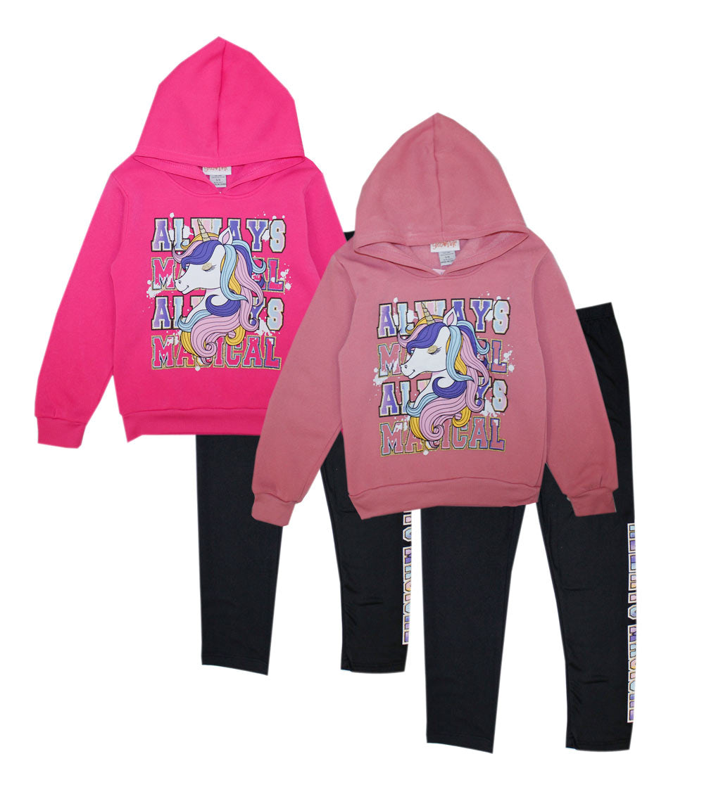 Top de manga larga con capucha y leggings negros con estampado de unicornio rosa para niña - 7302567