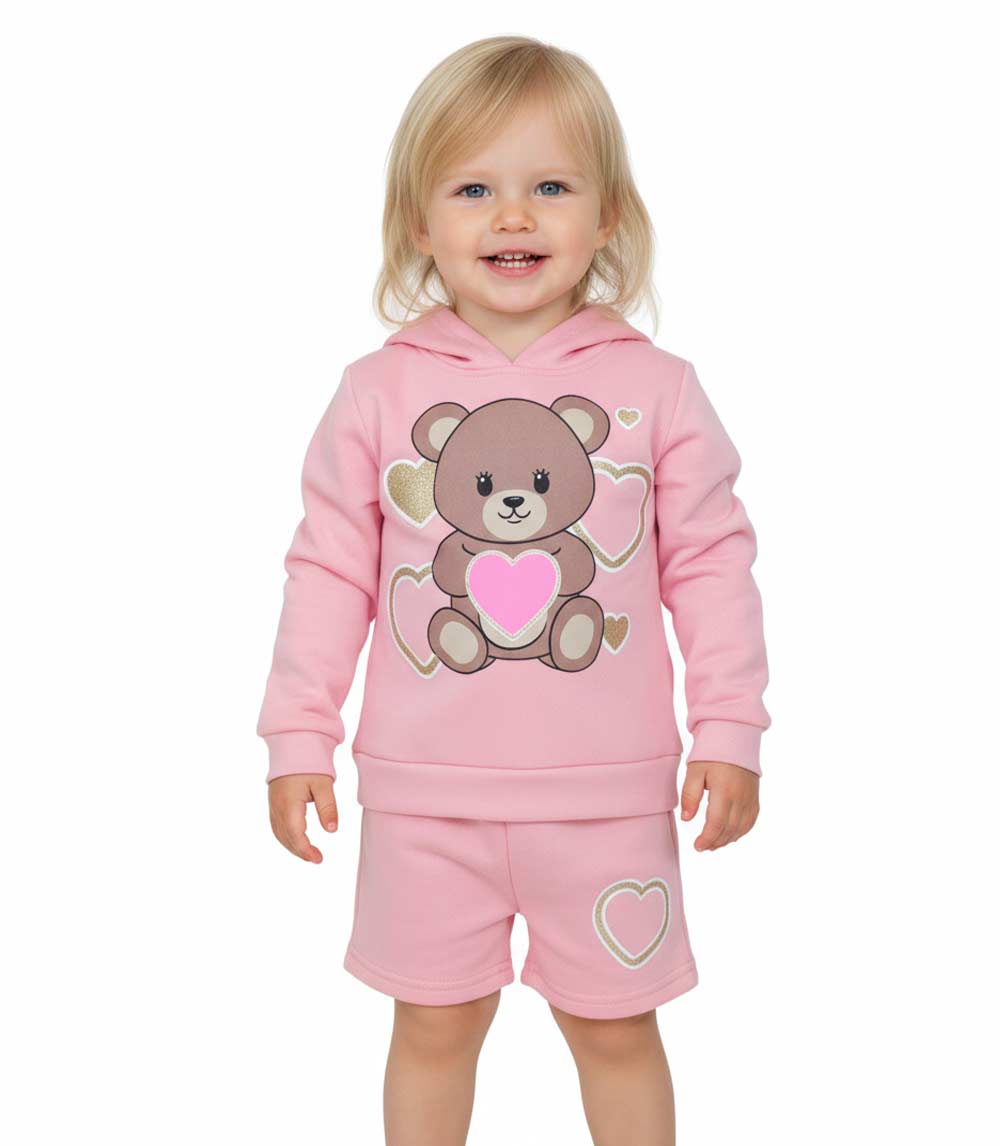 GIRLS PINK Teddy Bear w Hearts Screen Hooded Fleece and Short Set-7490902