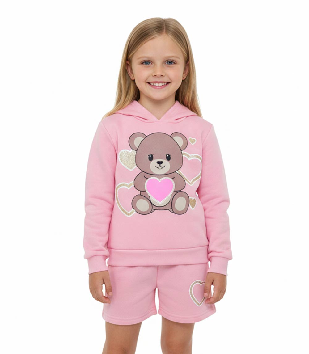GIRLS PINK Teddy Bear w Hearts Screen Hooded Fleece and Short Set-7490904