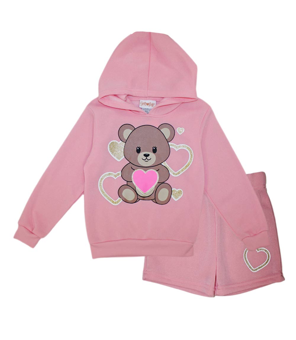 GIRLS PINK Teddy Bear w Hearts Screen Hooded Fleece and Short Set-7490902