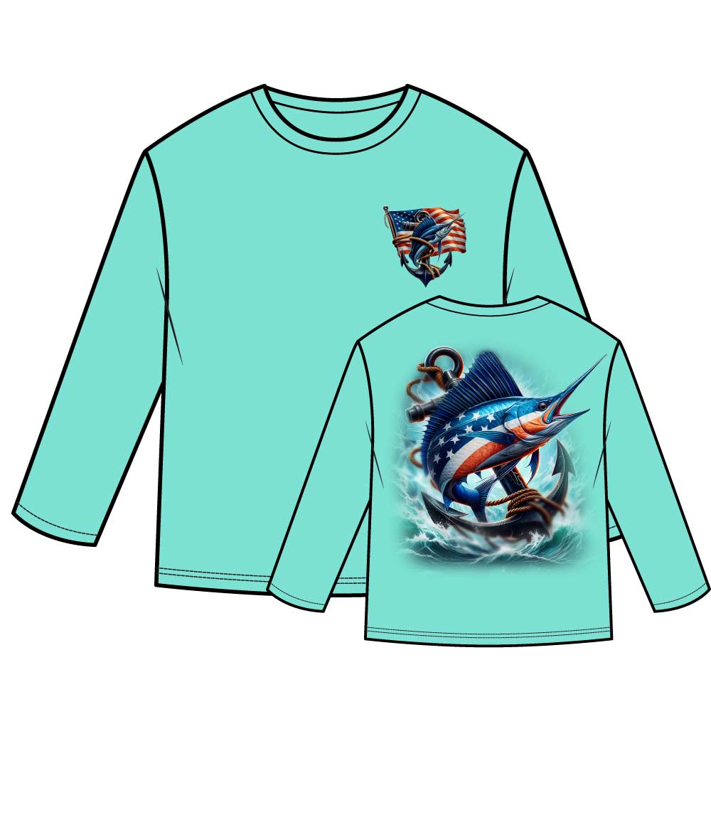 Men Performance L/S Top Marlin Fish with USA Flag - 7671609