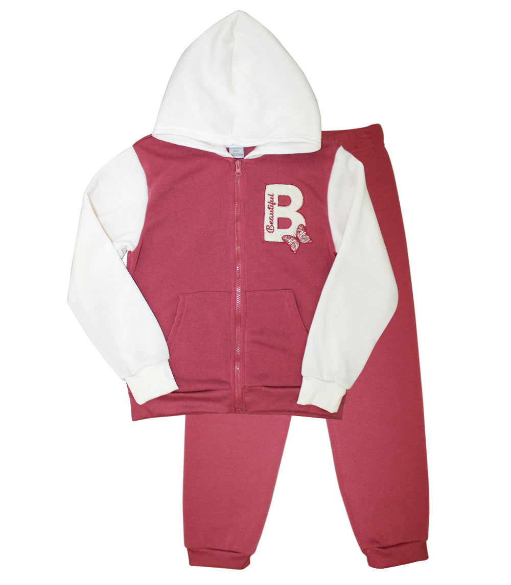 GIRLS PINK B Beautiful Chenille Patch Fleece Zip Front with Hood Jogset-8644727