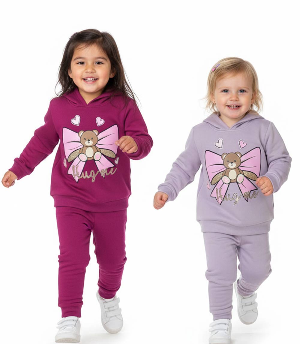 GIRLS PINK Teddy Bear Bow Screen Hooded Pull Over Jogset-8686402