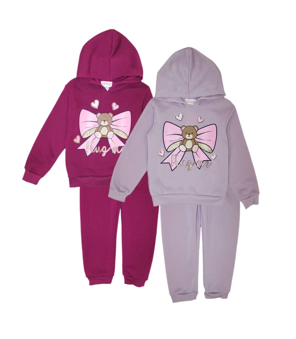 GIRLS PINK Teddy Bear Bow Screen Hooded Pull Over Jogset-8686404