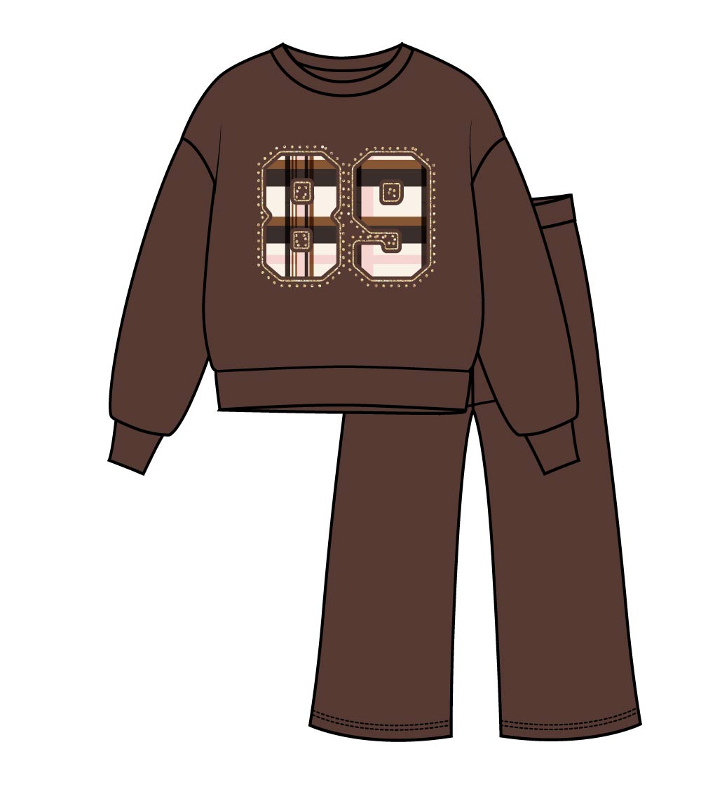 Girls Pink Crew Neck Fleece 89 Applique on Chest W Flared Pants Set – 8746127