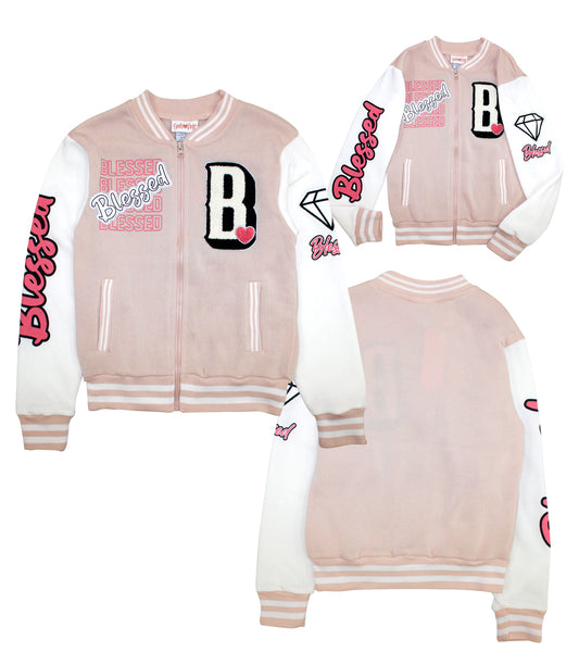 GIRLS PINK 7-14 Blessed Screen Varsity Jacket w Rib and Screen - 0263567