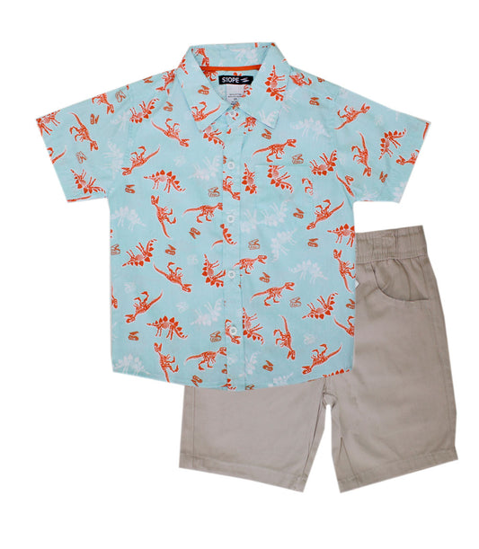 S1OPE Woven Top Dinosaur Print and Twill Shorts-1491502