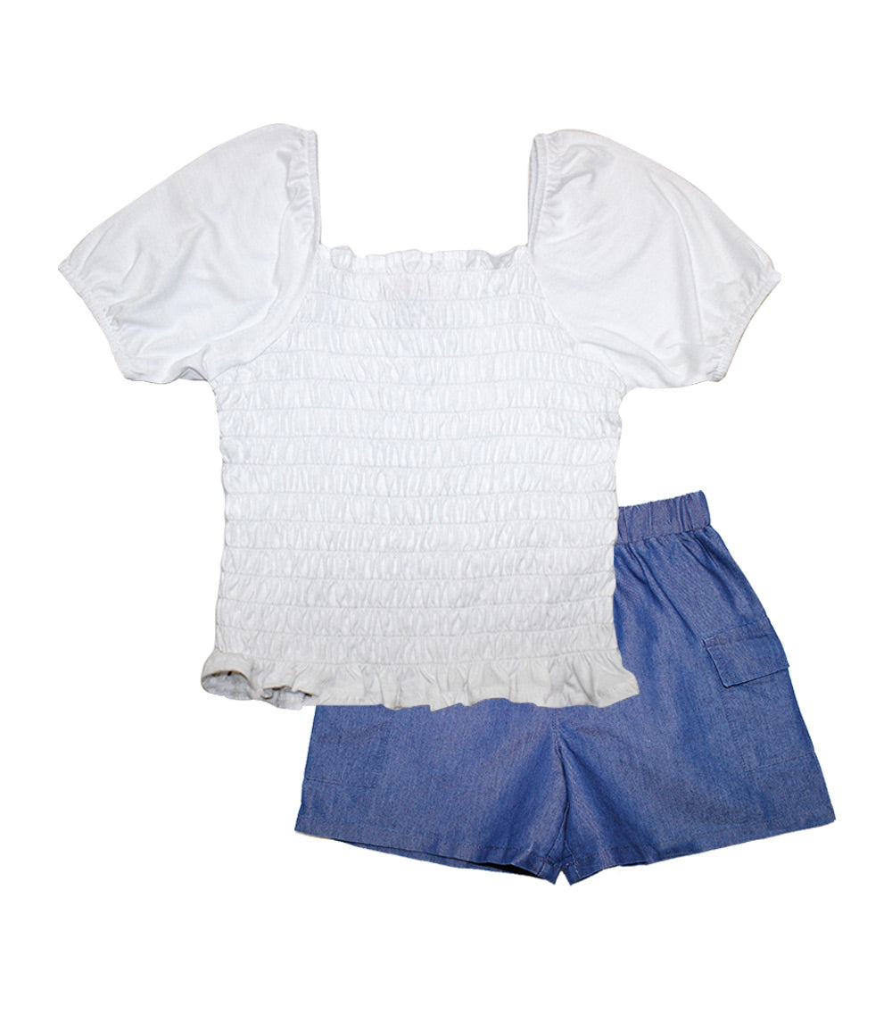 GIRLS PINK Smocked Top with Denim Short Set - 2113967