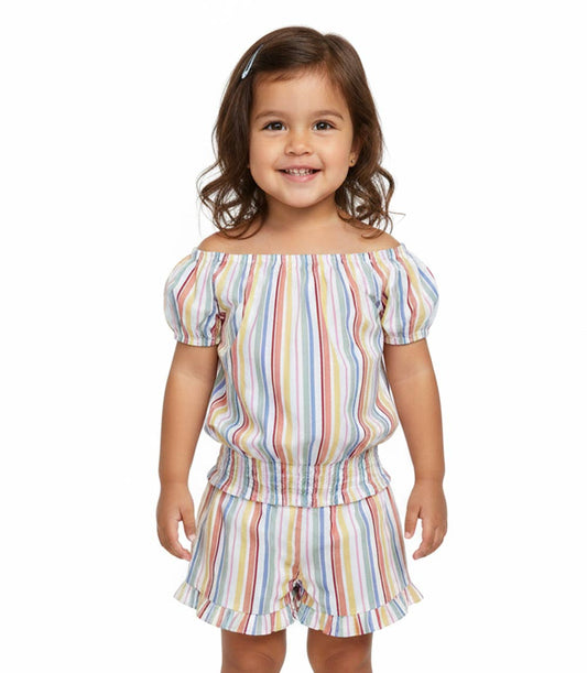GIRLS PINK Asst Stripe Print Top W Smock on Hem and Ruffle Short Set- 2116202