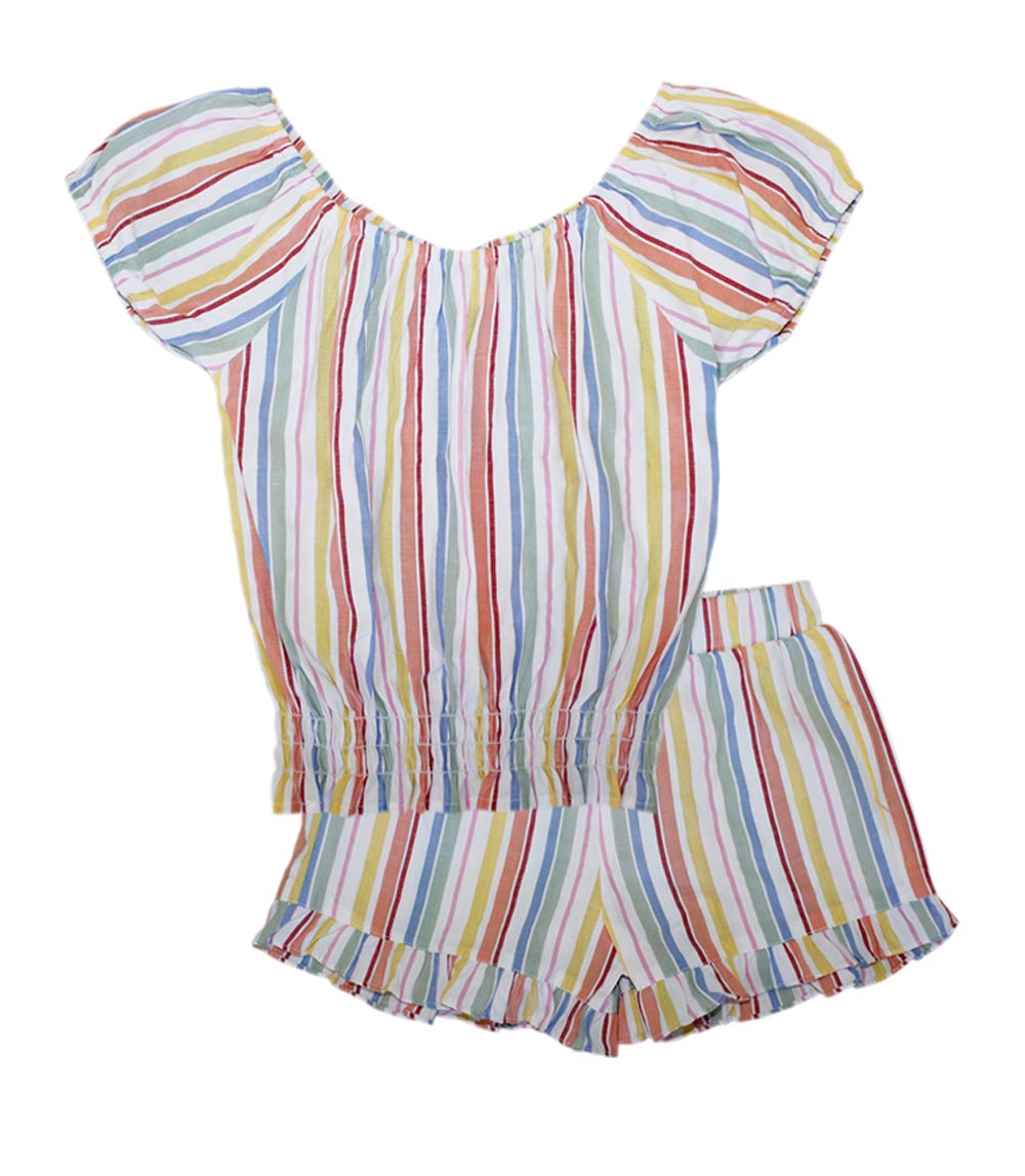 GIRLS PINK Asst Stripe Print Top W Smock on Hem and Ruffle Short Set- 2116202
