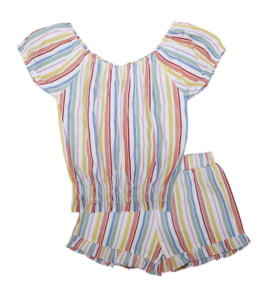 GIRLS PINK Asst Stripe Print Top W Smock on Hem and Ruffle Short Set- 2116202