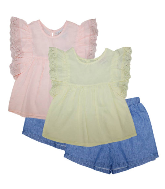 GIRLS PINK Woven Top with Big Ruffle Sleeve and Denim Short Set - 2130602
