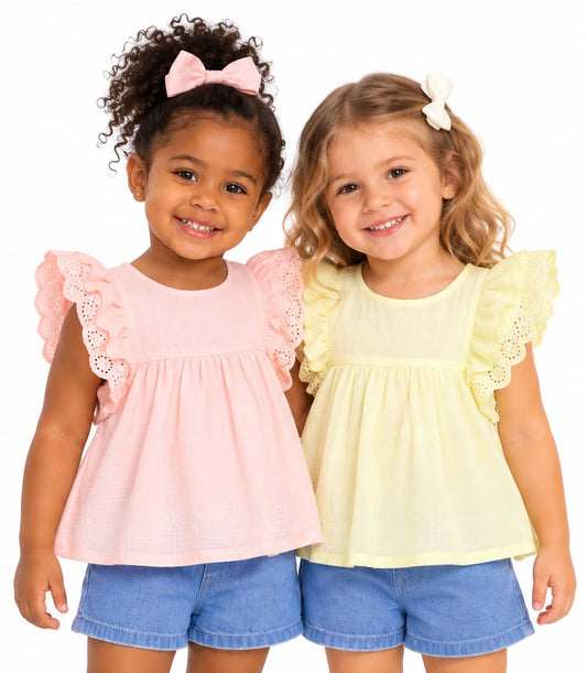 GIRLS PINK Woven Top with Big Ruffle Sleeve and Denim Short Set - 2130602