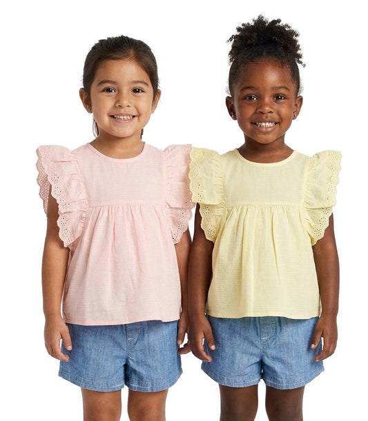 GIRLS PINK Woven Top with Big Ruffle Sleeve and Denim Short Set - 2130601