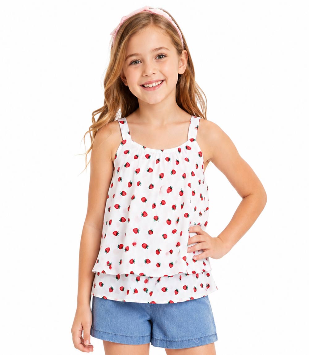 Conjunto de top tejido con volante grande en manga y short vaquero para niña en color rosa - 2130602