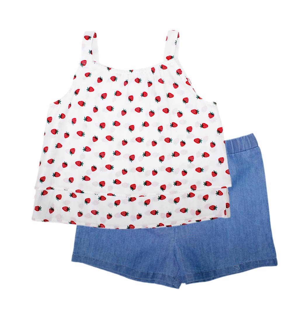 Conjunto de top tejido con volante grande en manga y short vaquero para niña en color rosa - 2130602
