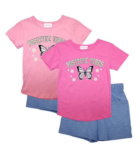 Girls Pink Butterfly Screen Top and Chambray Short - 2135204