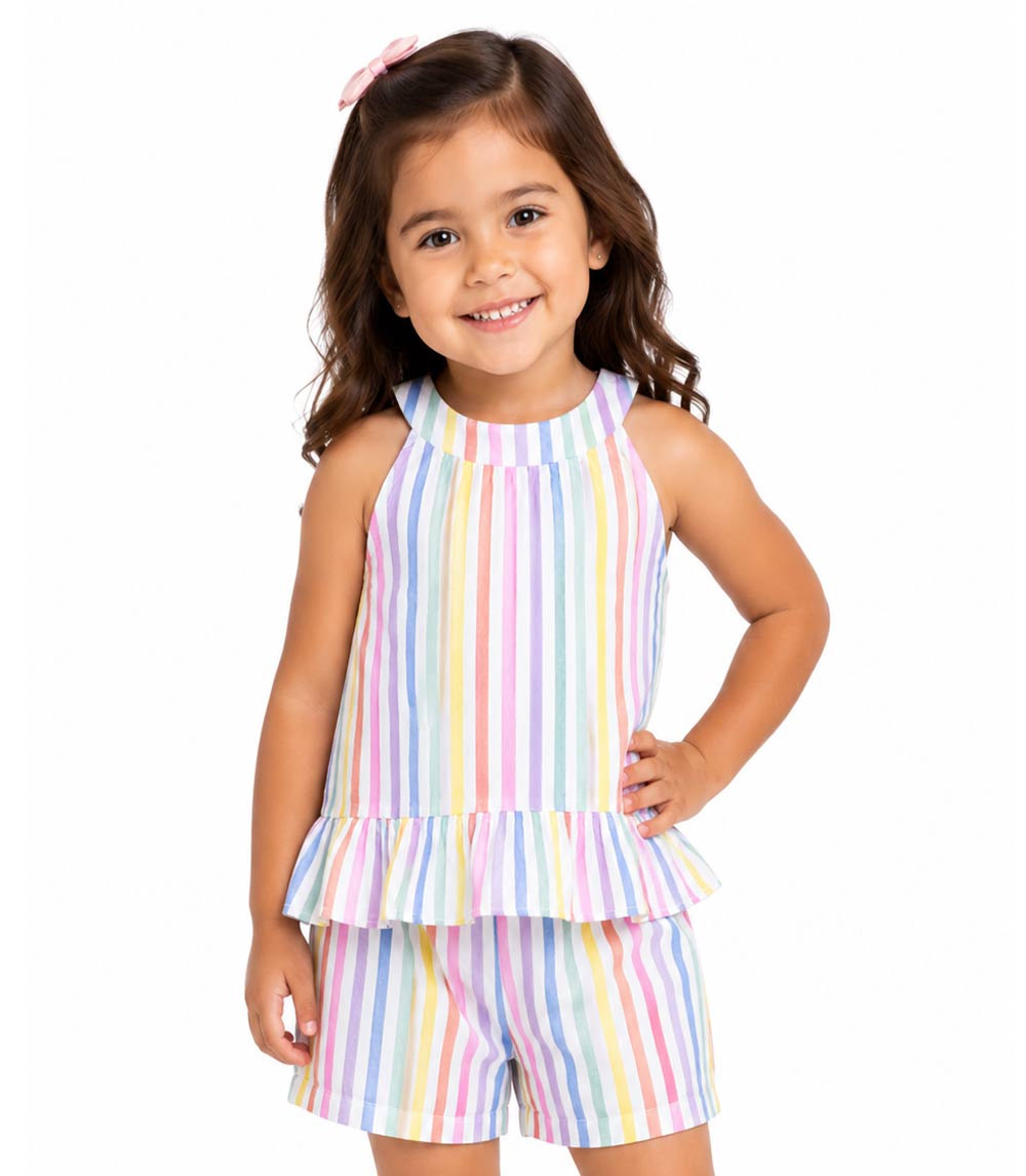 Conjunto de top tejido con volante grande en manga y short vaquero para niña en color rosa - 2130602