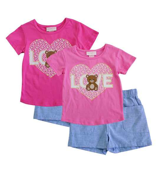 Girls Pink Love Heart Bear Screen Top and Chambray Short - 2148704