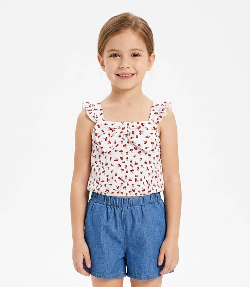 GIRLS PINK Woven Top with Smocking and Denim Short Set - 2163204