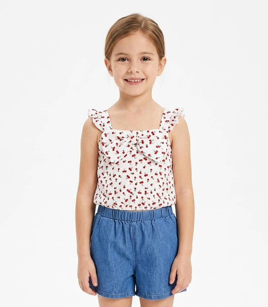 Conjunto de top tejido con volante grande en manga y short vaquero para niña en color rosa - 2130602