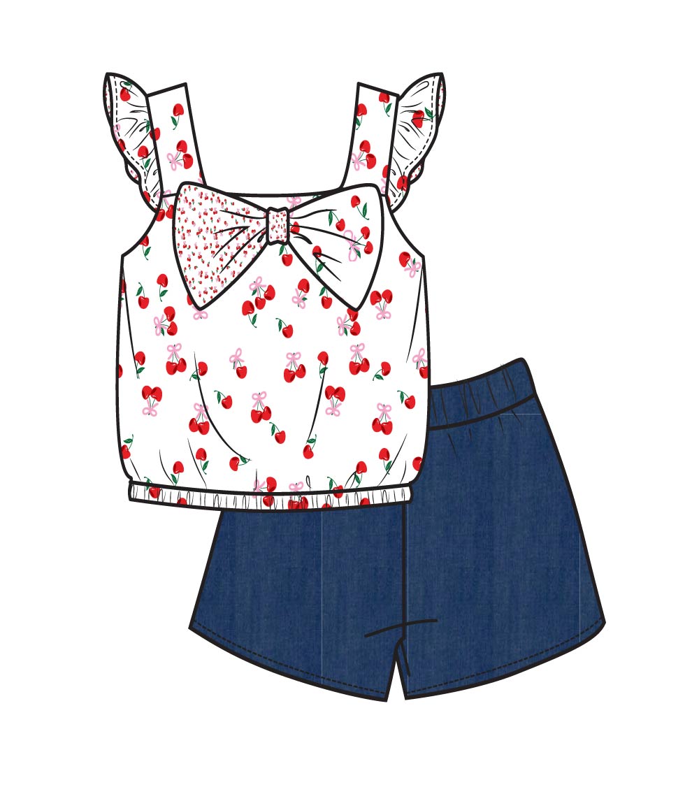 GIRLS PINK Woven Top with Smocking and Denim Short Set - 2163204