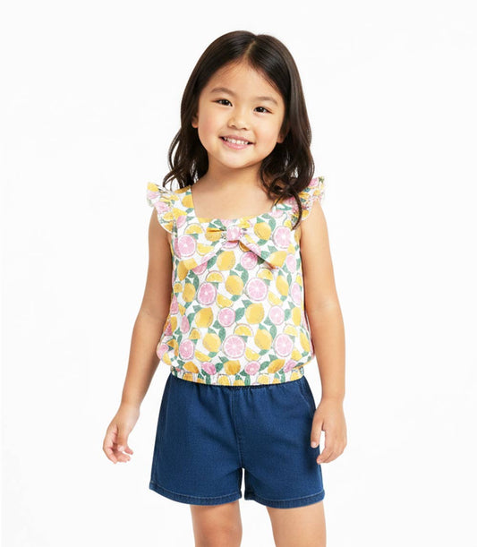 GIRLS PINK Woven Top with Bow and Denim Short Set - 2166204