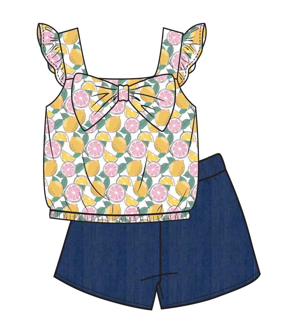 GIRLS PINK Woven Top with Bow and Denim Short Set - 2166204