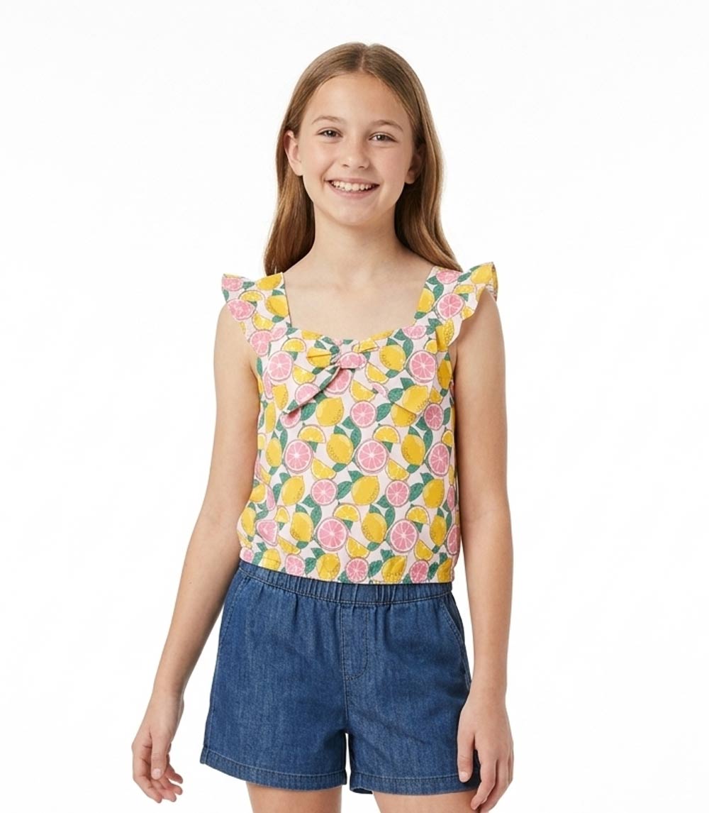 Conjunto de top tejido con volante grande en manga y short vaquero para niña en color rosa - 2130602