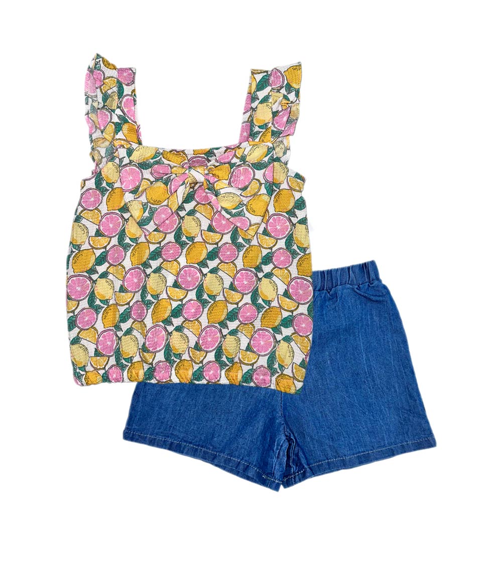 GIRLS PINK Woven Top with Bow and Denim Short Set - 2166204