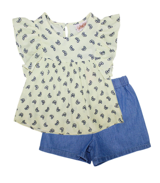 GIRLS PINK Textured Woven Top with Big Ruffle Sleeve and Denim Short Set - 2170902