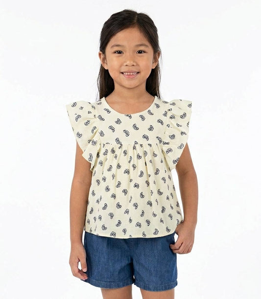 GIRLS PINK Textured Woven Top with Big Ruffle Sleeve and Denim Short Set - 2170904